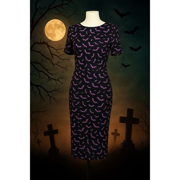 Unique Vintage Halloween Body Con Midi Dress Black With Purple Bats 1X NEW - Picture 1 of 11